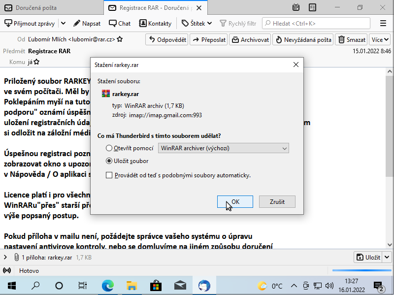 Uložení souboru v emailovém klientu Thunderbird